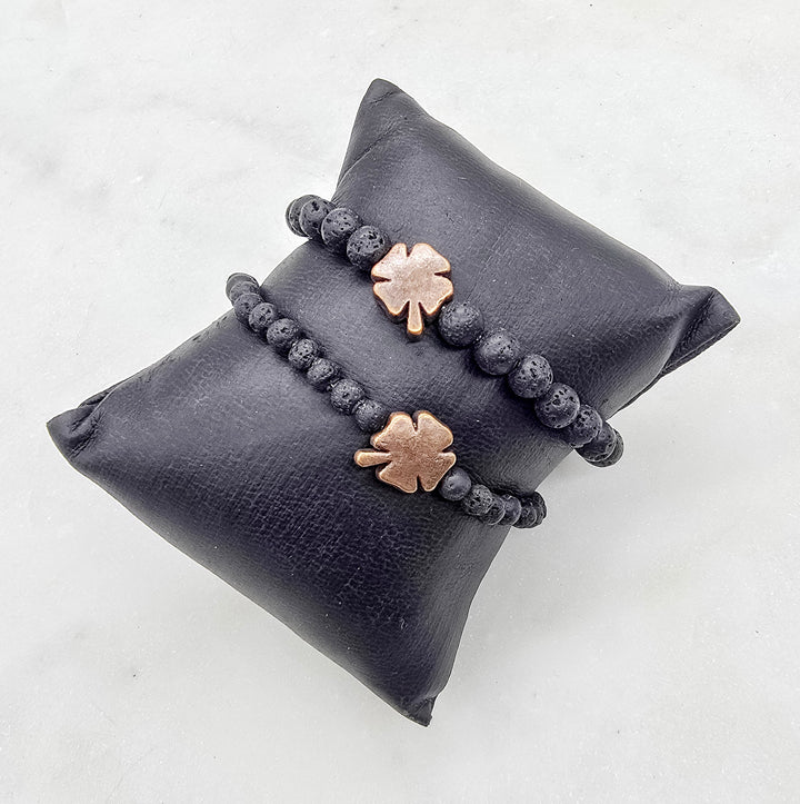 Four Leaf Clover Lava Stone Stretch Bracelet