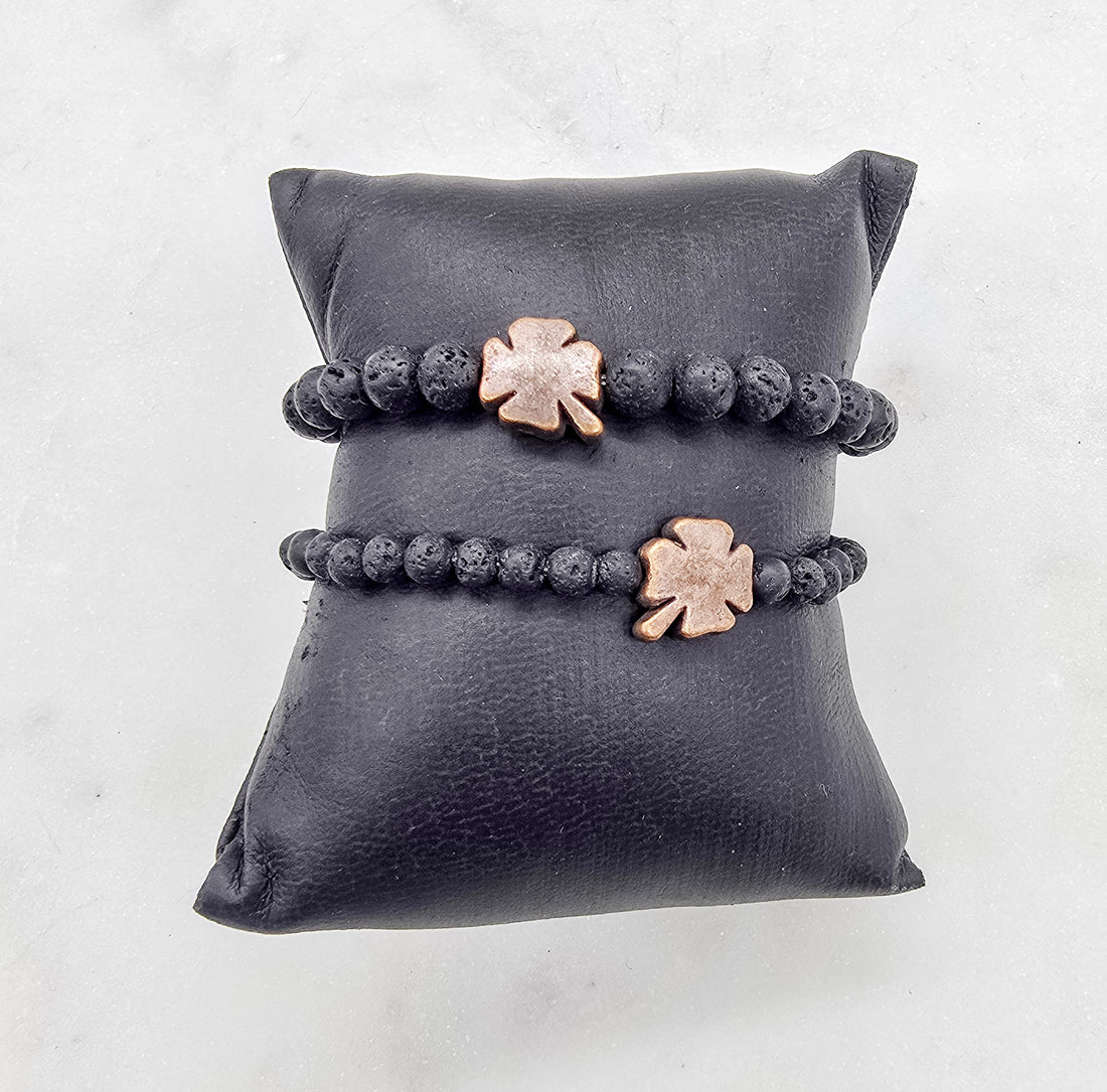 Four Leaf Clover Lava Stone Stretch Bracelet