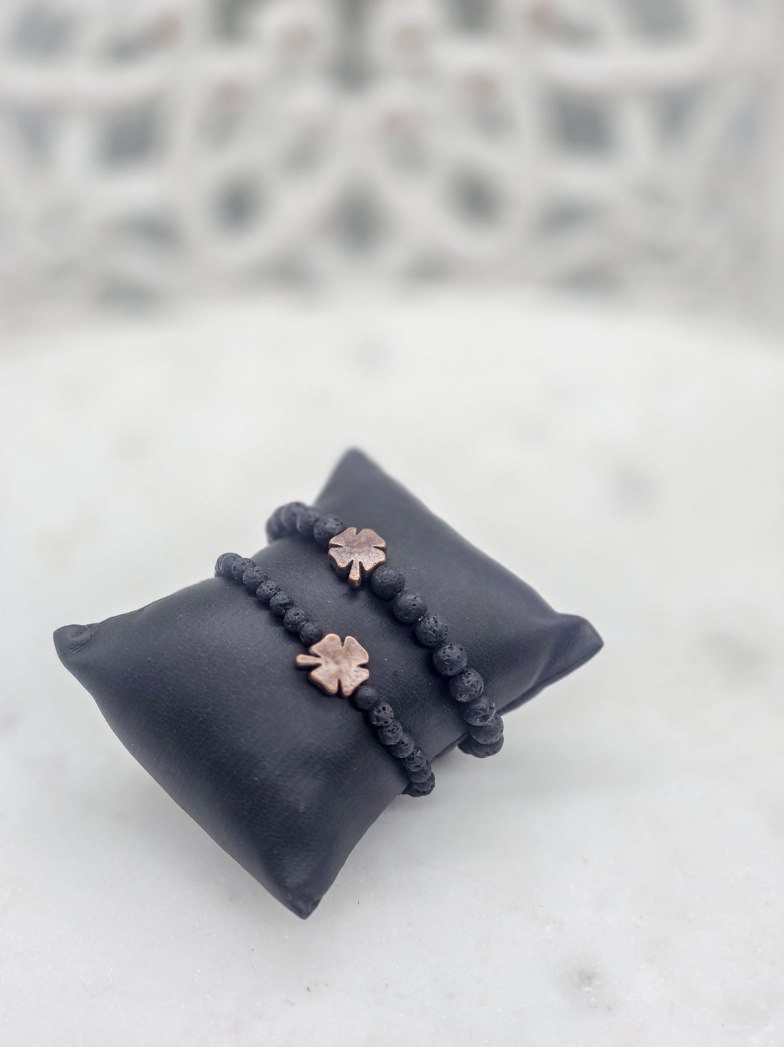 Four Leaf Clover Lava Stone Stretch Bracelet