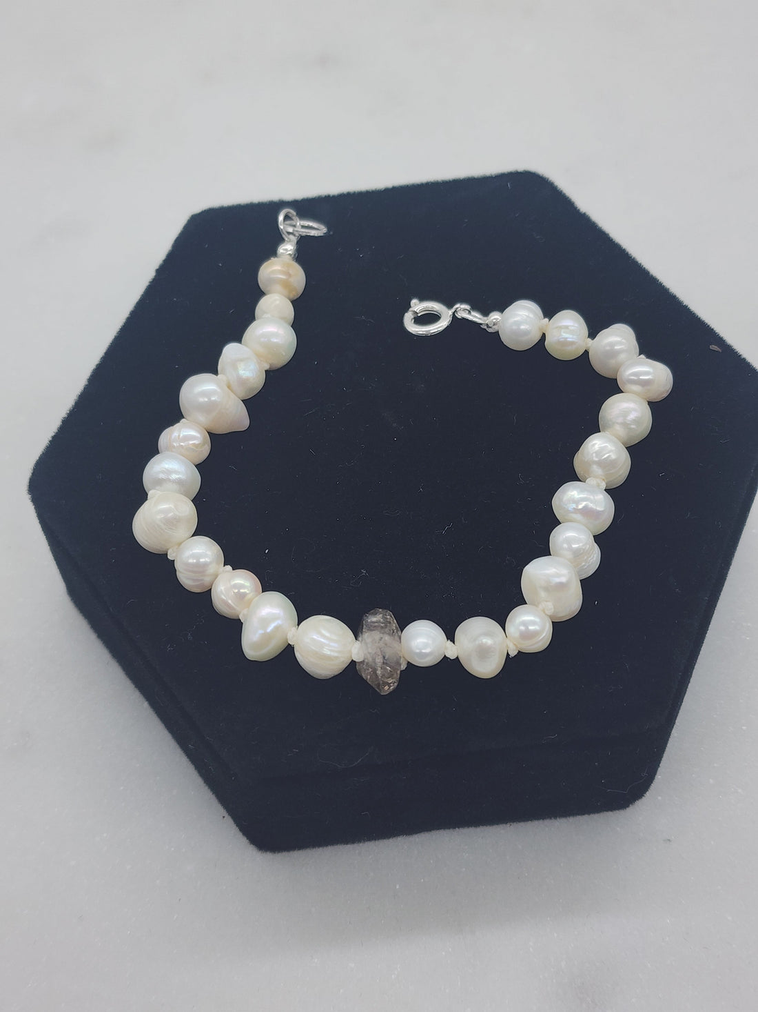 Hand-tied Pearl Bracelet with Herkimer Accent